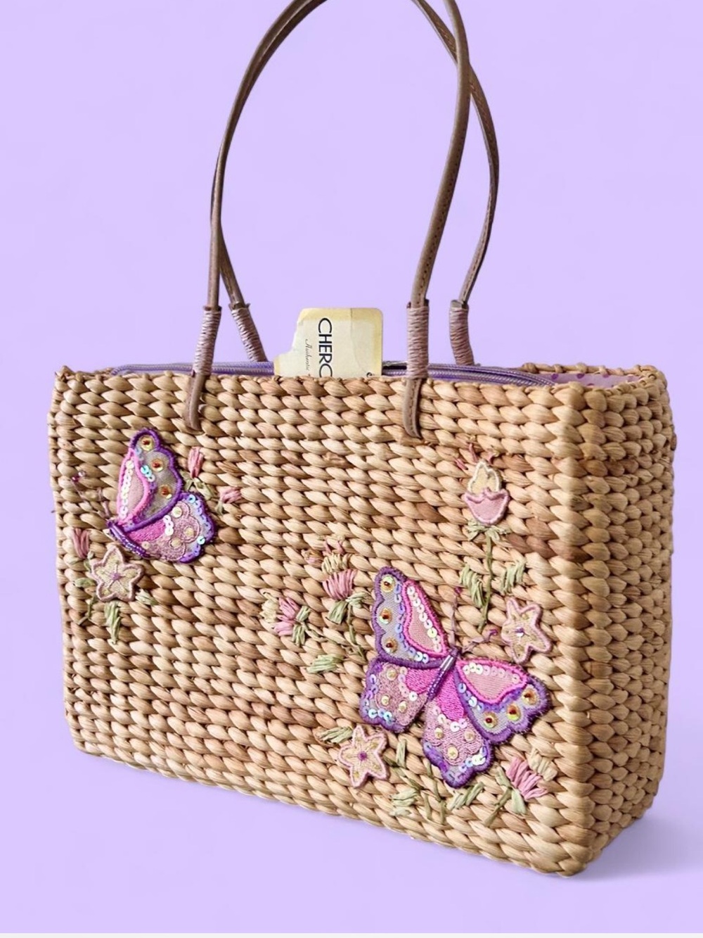 VTG Woven Y2K 2002 Fairycore Tote Bag Pink Purple Butterfly Embroidery
